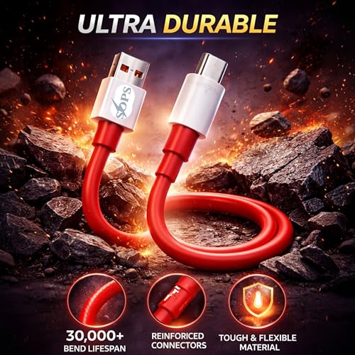 Image of 120W Ultra Fast Charging USB A to Type C Cable, 10A High Speed Charging & Data Sync Cable, Premium TPE USB C Charger Cable, Reinforced Connectors, 1 Meter, Compatible with USB Type-C Smart, Red