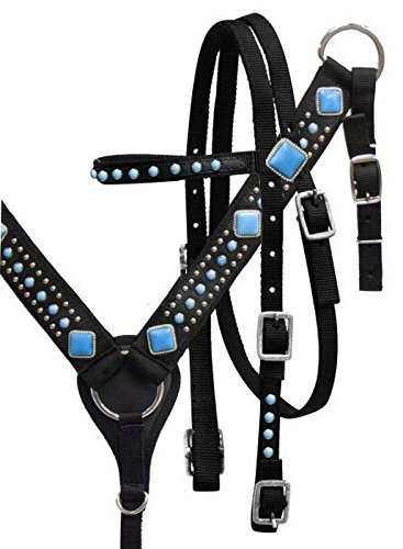 Black Nylon Bridle, Breast Collar & Rein Set W/Turquoise Stones! #TOP26