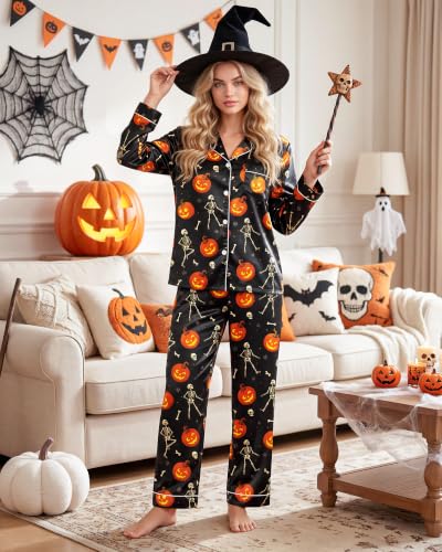 Image of Silky Pajamas for Women 2 Piece Long Sleeve Pj Sets Women's Satin Sleepwear Button Down Loungewear Set