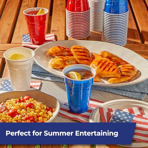 Image of Hefty Party On Disposable Plastic Party Cups, 76 Count, 16 Oz Cups in Assorted Patriotic Colors and 18 Oz Clear Cups with Festive Firework Print for Summer Entertaining