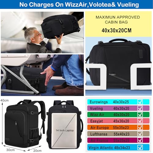 WENIG Ryanair Handgepäck 40x30x20 Handgepäck Rucksack 40x30x25 für Eurowings Klein 24L Reiserucksack für Flugzeug Handgepäck Tasche mit USB Ladeanschluss Reisetasche für Herren Damen,Schwarz 2