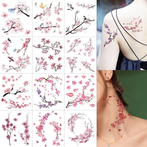 12 Blätter Temporäre Kirschblüten Klebetattoos...