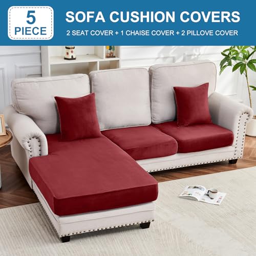 Image of Couch Cover 3-Piece Elastic Velvet Couch Cushion Covers & Chaise Slipcovers for L-Shaped Sofas, Sofa Seat Covers Washable, Soft Cover for Couches (2 Seater + Chaise, Christmas Red)