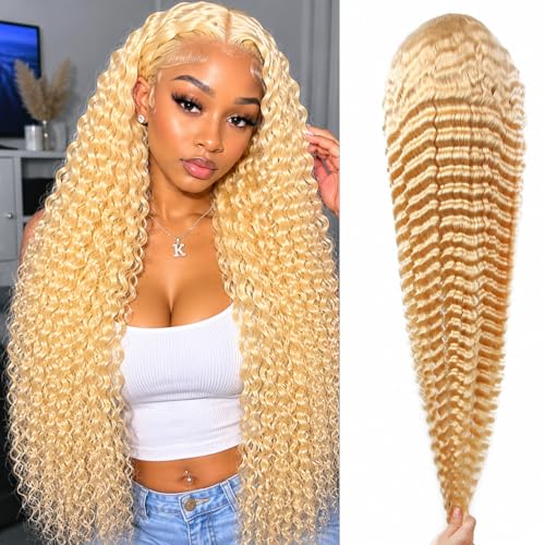 Yifute 613 Blonde Deep Wave Human Hair Wig 13x6 Lace Front Wig 32 Inch 180% Density HD Lace Glueless Pre Plucked Wig with Baby Hair Soft Long Curly Water Wave Human Hair for Women