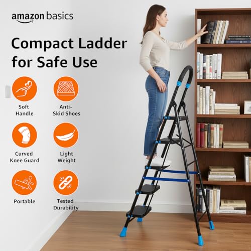 Image of Amazon Basics Curvo-Foldable Step Ladder, Ribbed Steps, Knee Guard, Non-Marring PVC Shoes, 5 Steps (Black & Blue)