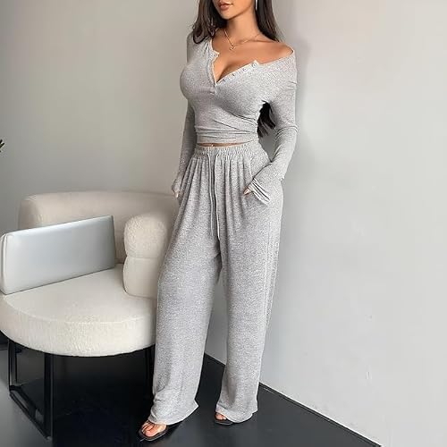 Conjunto de dos piezas para mujer, de manga larga, con botones, pantalones deportivos ajustados