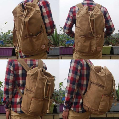 Vintage Canvas Backpack Duffle Bag Mens Travel Rucksack Large Capacity 35l for Outdoor Hiking Camping Climbing Bags (APRICOT)3