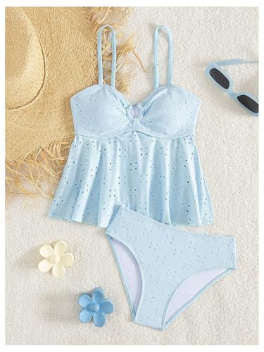 Image of SHENHE Girl's Ruffle Flounce Tankini Swimsuit O Ring Spaghetti Strap Eyelet Bathing Suits
