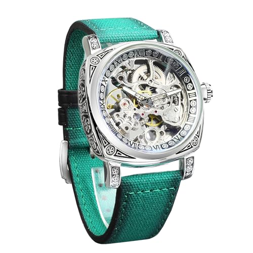 Image of FORSINING Fancy Watches for Men, Square Retro Mechanical Watch Self-Wind Carved, Gear Movement Golden Skeleton Automatic Watches Vintage Leather Strap Wrist Watch