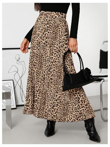 SweatyRocks Women's Leopard Print Pleated Skirt Elastic High Waisted Flowy Maxi Skirts3