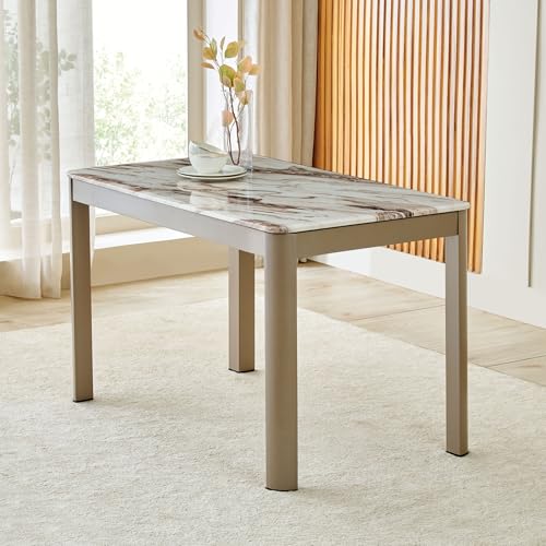 Image of Home Centre | Glam Faux Marble Top 4-Seater Dining Set with Chairs | Dining Set for Home | Faux Leather | Beige | 1 Year Warranty