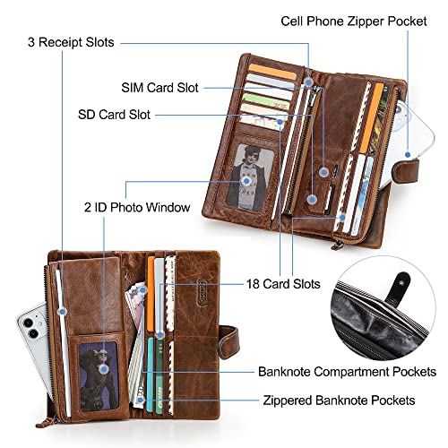 Contacts Mens Clutch Wallet Leather Purse for Men Long Zipper Brown Phone Wallet Card Holder Bifold Coin Wallet3