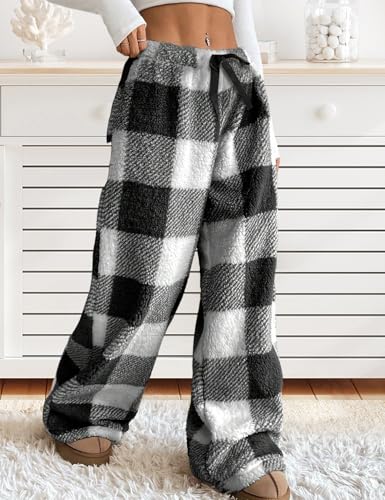 Wyeysyt Women Fuzzy Pajama Pants Plush Elastic Waist Wide Leg Leopard Pants Pj Bottoms Lounge Pants2
