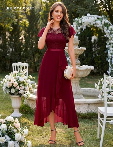 Image of BeryLove Formal Long Dresses for Women Wedding Guest Cocktail Bridesmaid | Airy Lace & Chiffon Evening Gown, Flutter Sleeve, Ideal for Mother of the Bride, Prom, Homecoming Party & Semi-Foraml Events