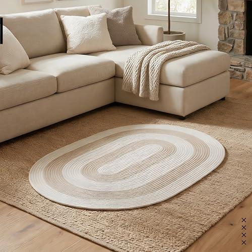 Image of Encasa XO Oval Braided Rug for Living Room & Bedroom | Cotton Blend Reversible Floor Carpet | Handwoven Natural Fiber Carpet | Washable Area Rug for Home Decor | Beige & Off-White (60x90 cm) | 2x3 Ft