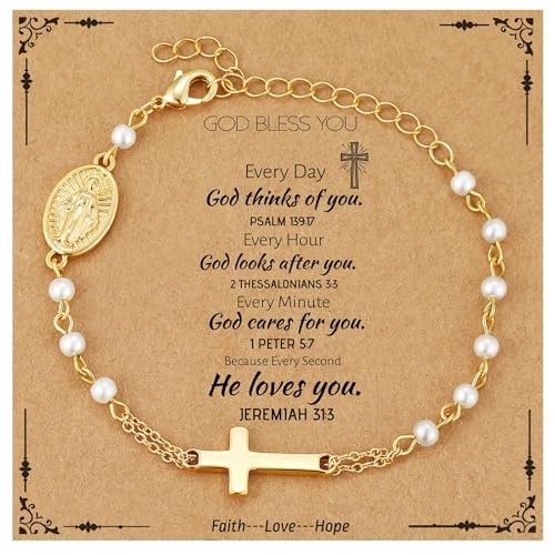 Catholic Bracelets Gifts for Women Girls, Pearl Rosary Beads Virgin Mary Cross Charm Bracelet Confirmation First Communion Baptism Religious Christian Jewelry Gift