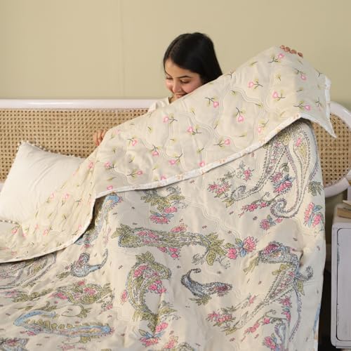 Image of Dohar Double Bed 100% Cotton Blankets for Summer | 90x100inch, 150GSM Ac Comforter and Cooling Blankets for Summer | Cream Color Curry | Classic Printed Design | Quilt | Ideal for Gifting