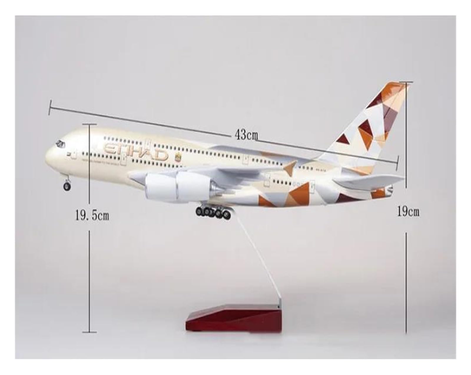 Odlewany metalowy samolot Airbus 1:160 do żywicy Model samolotu Etihad A380 Materiał żywiczny Model wystawowy Samoloty Statyczny wyświetlacz modelu Samoloty do zbierania i wystawiania (ze światłem)