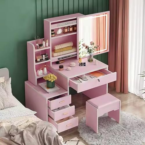 Catálogo de Juegos de tocador - 5 favoritos. 44 EEBOU Vanity Tocador con Espejo Luz Led, 4 Cajones y Estantes De Almacenaje, Juego de Tocador Pequeño con Taburete Blando, Estantes Ocultos, Minimalista Moderno (Rosa(A)