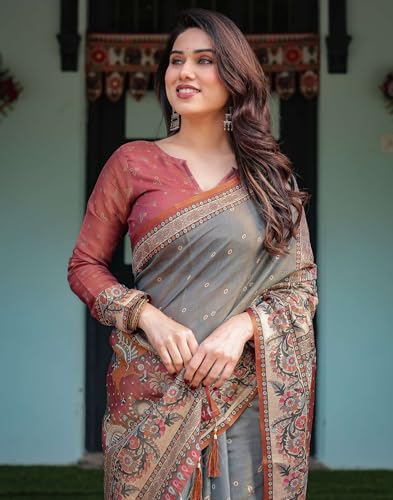 Image of SIRIL Women's Cotton Linen Printed Handloom Saree with Unstitched Blouse Piece