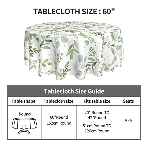 Aitukang Spring Sage Green Tablecloth Round 60 Inch Watercolor Eucalyptus Floral Table Cover Water Resistant Washable Polyester Circle Table Cloth For Kitchen Dining Indoor Outdoor Table Decor #TOP4