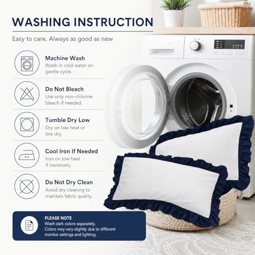 Image of Ruffled Pillow Cases Dule Tone Set of 2, White & Navy - Pillow Shams Brushed Microfiber Edge Ruffled Soft Pillow Cover with Envelope Closure for Bedding Decor 16 inch x 24 inch