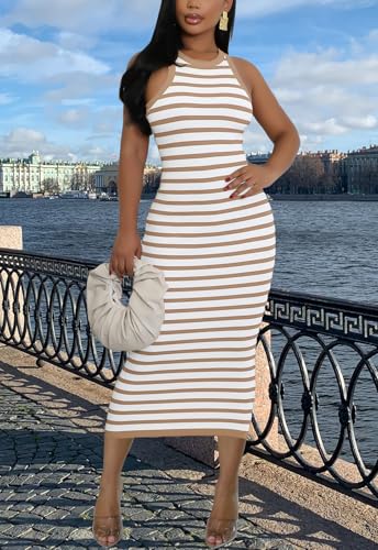 Image of Sleeveless Striped Bodycon Tank Dress for Women Slim Fitted Summer Ribbed Pencil Midi Dresses