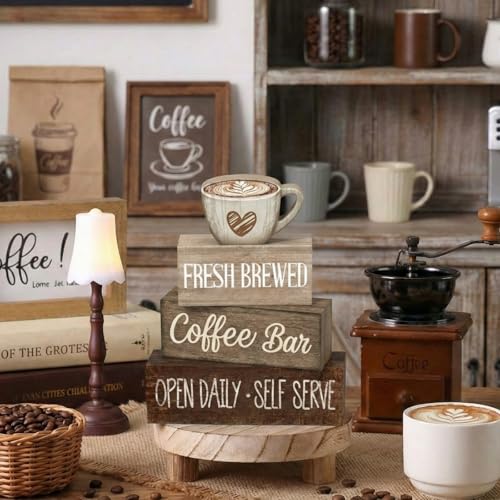 Image of Moucuny 4 Pcs Farmhouse Coffee Bar Signs Decor Wooden Cup Rise & Shine It's Coffee Time Rustic Wood Cafe Sign Gift for Home Kitchen Tabletop Decor