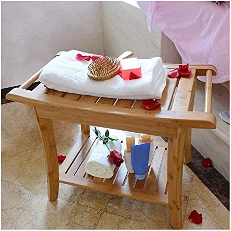 LSXIAO Bamboo Bathroom Bench, Shower Stool with Storage Shelf, Non-Slip Shower Seat, Waterproof Load 200kg Suitable for The Elderly, Pregnant Women, Handicapped