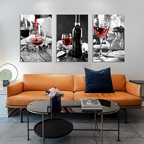 3 Pcs Wine Decor Kitchen Canvas Art Wine Glasses Canvas Paintings Wall Art Pictures with Wood Inner Frame for Dining Room Decor Kitchen Pictures Wall Decor (C, 12X18Inchx3Pcs)
