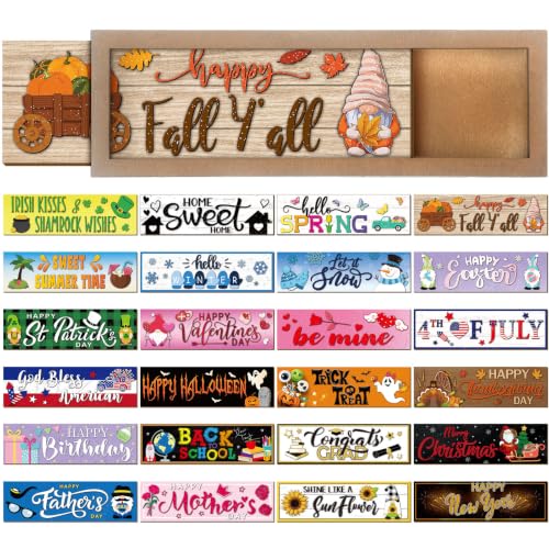 Barydat 25 Pcs Fall Decorations for Home Interchangeable Seasonal Wood Sign with Frame Farmhouse Convertible Holiday Table Centerpiece for Fall Harvest Thanksgiving Halloween Christmas Decor (Retro)