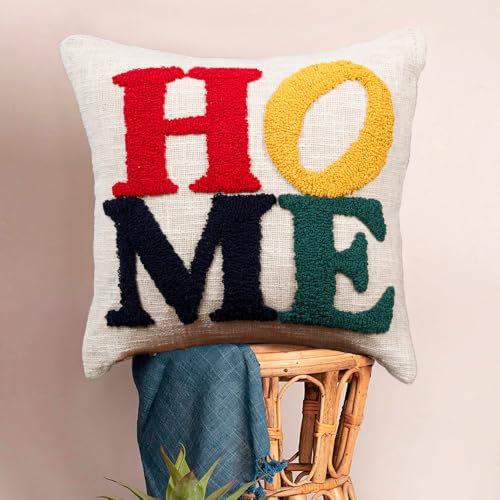 Image of HOMADORN 100% Cotton Hand Tufted Cushion Cover | Text Pattern Decorative Pillow Case | Boho Sofa Cushion Cover for Living Room | Soft & Durable | (16x16 Inches) (1, Home Multicolor)
