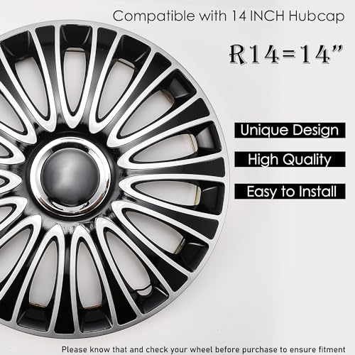 Image of Silver Black Hubcap Wheel Cover Replacement Kit 14 inch Hub Caps Wheel Rim Cover Car Exterior Accessories Pack of 4, 14 Inches