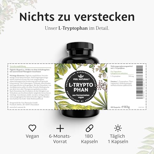 L-Tryptophan – 500mg pro Tagesdosis – hochdosiert mit 180 Kapseln für 6 Monate – aus Fermentation – vegan, in Deutschland entwickelt & laborgeprüft