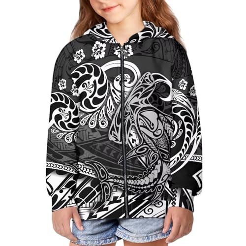 Polynesian Sweatshirt for Little Girls Age 6-16 Long Sleeve Zip Up Hoodies Kids Hooded Sweatshirts
