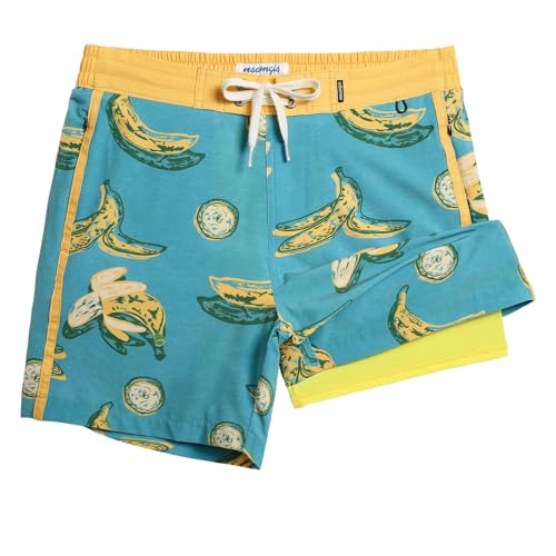 maamgic Men's Swim Trunks with Compression Liner Board Shorts Vintage Beach Shorts Quick Dry with Zipper Pockets Peeled Bananas Blue XX-Large