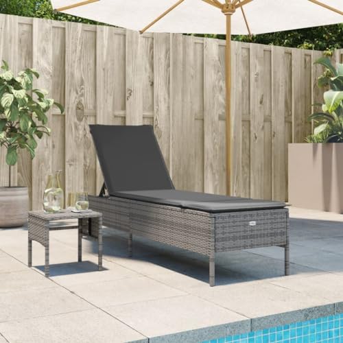 LAPOOH Sonnenliege mit Tisch und Auflage Grau Poly Rattan,...
