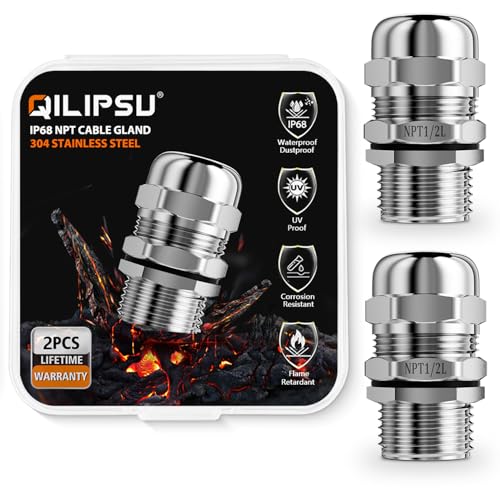 QILIPSU 2pcs 1/2" NPT 304 Stainless Steel Cable Gland Waterproof IP68 Metal Strain Relief Cord Grip Long Thread Cable Pass Through Wire Connector