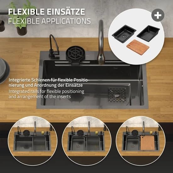 Image of Kitchen Sink | 24x18x9 Inch Waterfall Sink for Kitchen | 304 Grade Stainless Steel Basin Sinks for Kitchen with Honeycomb Black Finish Design Waterfall Integrated Pull Down Faucet (24X18X9 INCH)