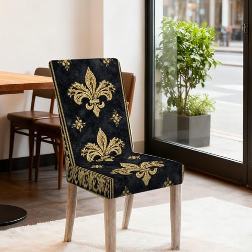 Image of Nuxovilar 4PCS Black Gold Fleur-de-lis Stretch Chair Covers | Stretch Slipcover Elegant Protector Fleur Wrap Seat Guard Dining Room Formal Banquet Event (Fleur-de-lis)