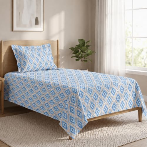 Image of LANE LINEN Symphony | 100% Cotton Sheet Set | Soft & Breathable Fabric | 2 Piece (1 Bedsheet + 1 Pillow Cover) | Single Bed Sheet Set - Linear Blue Horizon