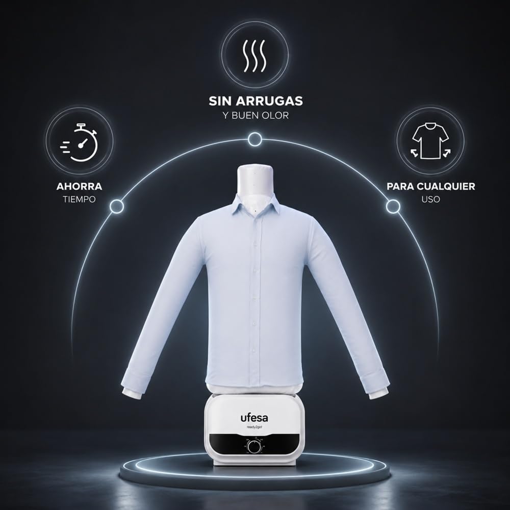 Ufesa Maniquí 2 en 1 SV1200, planchado y secado automáticos, 1200 W, elimina las arrugas, desodoriza y neutraliza los olores, temporizador de 3 horas, tallas S a XXL