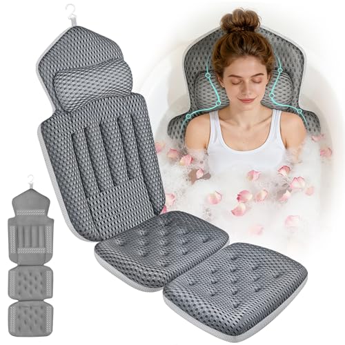 Upgraded Full Body Bath Pillow for Bathtub,Luxury Thick Bath Cushion for Soaking Tub with 192 Suction Cups,Full Body Bathtub Pillows for Head and Neck Shoulder Support,4D Air Mesh, 53' x 16' Dark Gray