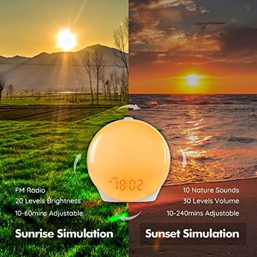 Full-Screen Wake Up Light Sunrise Alarm Clock with USB Port, Sunrise Simulation, Sleep Aid, Dual Alarms, FM Radio, Snooze, 15 Light Modes, 10 Natural Sounds, Ideal for Kids, Adults, Heavy Sleepers