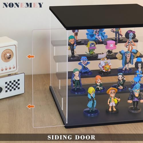 Nonemey Acryl Vitrine Ständer mit Bunten Led Licht,3/4/5/6 Schichten Schaukasten Vitrine Staubdichte Organizer Acrylbox für Sammlerstücke Figuren (Schwarz, 3Stufen-31.5x18x23 cm)