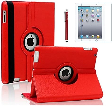 iPad 2 Case, iPad 3 Case, iPad 4 Case, AiSMei Rotating Stand Case Cover with Wake Up/Sleep For Apple iPad 2, iPad 3, iPad 4 [ 9.7-Inch iPad Released before 2013 ] [Bonus Film+Stylus] -Red