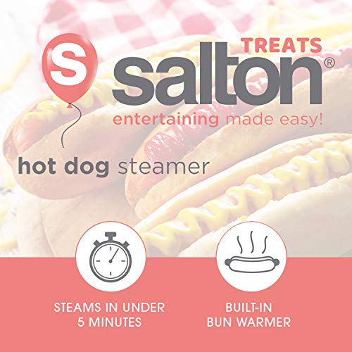 Salton Treats Steamer for Extra Large Authentic Stadium-Style Hot Dogs and Sausages, 8 Hot Dog and 4 Bun Capacity to Steam and Warm Breakfast Sausages, Brats, Vegetables, Fish, 350 Watts, Red (HD1905)