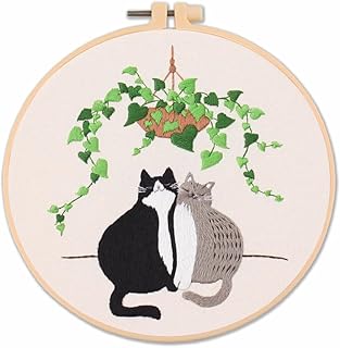 Meecaa Black White Cat Greenery Pet Embroidery Kit Starter Set, Hand Embroidery Set,Pattern Printed Cross Stitch Set for Beginner Adults, with Embroidery Hoop and Instructions (Black White Cat) - Buy now