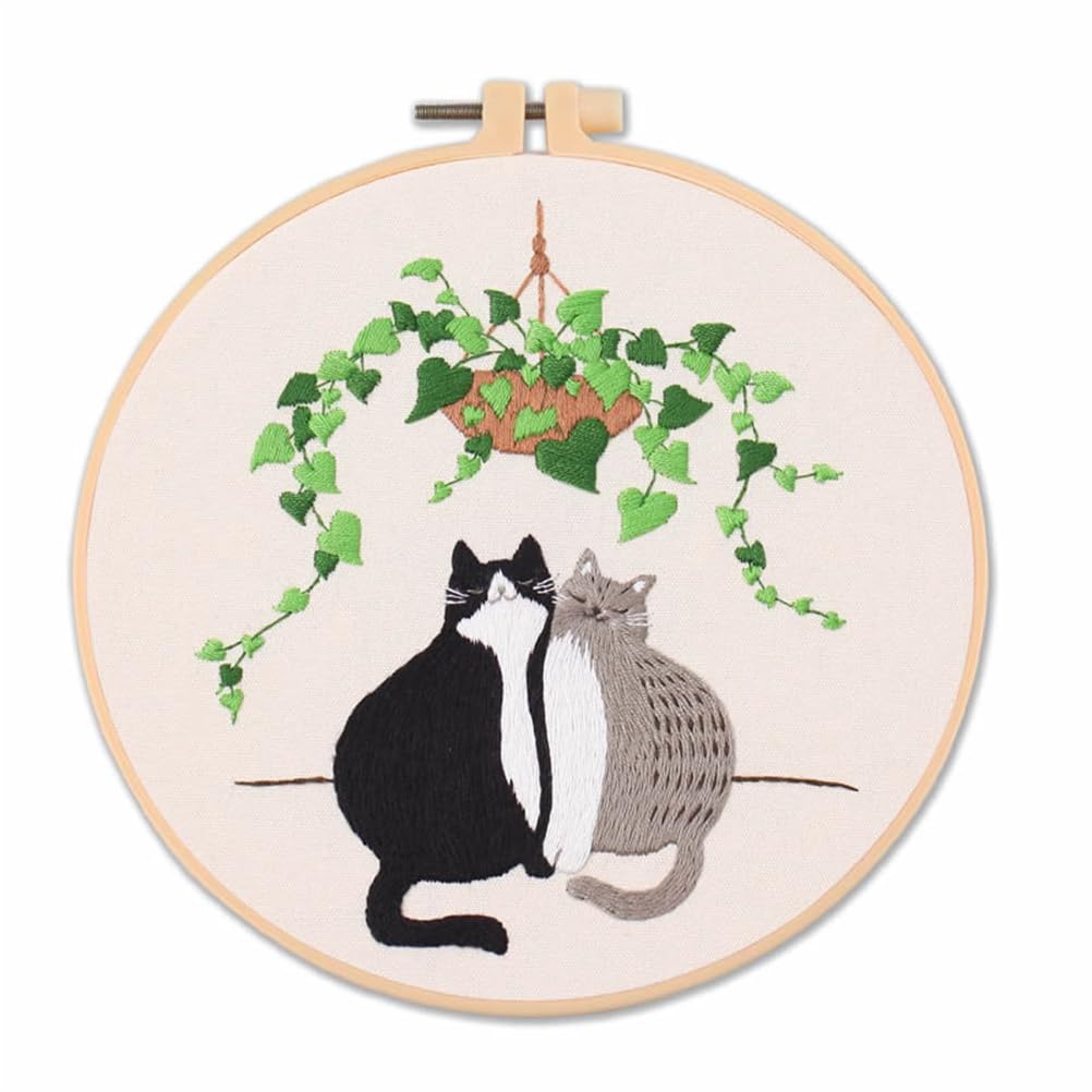 Meecaa Black White Cat Greenery Pet Embroidery Kit Starter Set, Hand Embroidery Set,Pattern Printed Cross Stitch Set for Beginner Adults, with Embroidery Hoop and Instructions (Black White Cat)