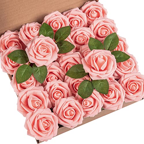 DuHouse 25Pcs Artificial Roses Flowers Fake Rose with Stems Real Touch Foam Flower Head for DIY Wedding Bridal Bouquet Baby Shower Centerpiece Floral Arrangement Party Home Decor(Peach)